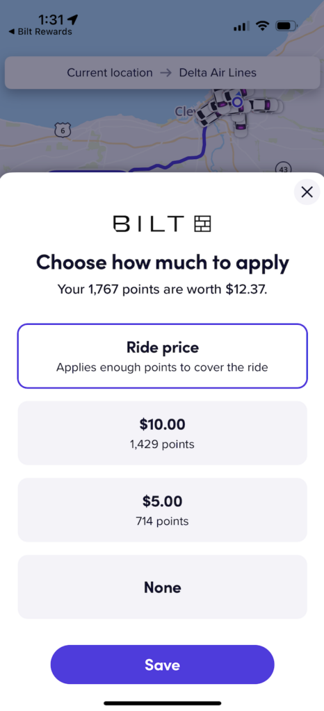 Choosing to use Bilt points for a Lyft ride.